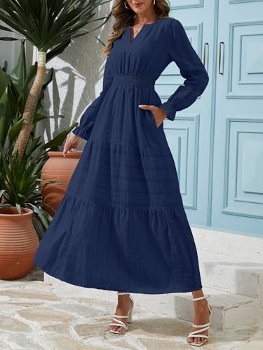 Women's Fall Maxi Dress Long Sleeve V Neck A Line Tiered Flowy Ruffle Boho Dress for Wedding Guest Cocktail Party3