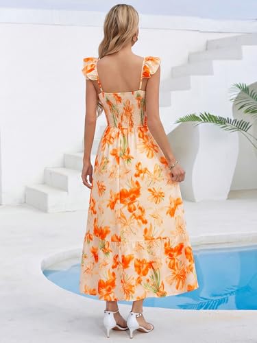 Simplee Womens Summer Floral Sundresses 2026 Sleeveless Casual Smocked Ruffle Spaghetti Strap Boho Maxi Dress Beach Vacation Orange — view 6