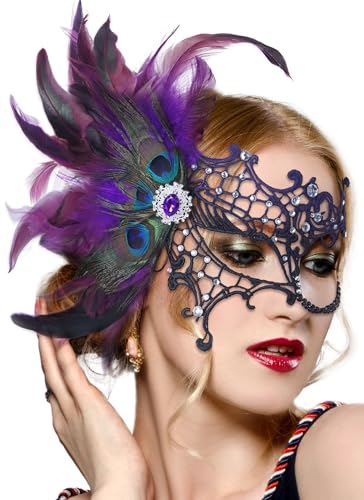 Zinniday Halloween Masquerade Masks for Women -2026 Black Purple Peacock Feather Lace Mask 1920s 50s Antique Venetian Eyemask for Woman Cosplay Party Evening Carnival Costume Prom Renaissance