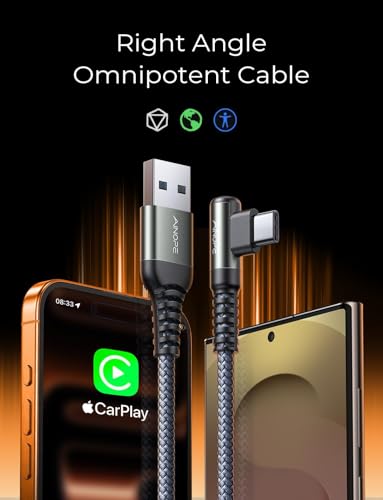 AINOPE USB to USB C-2-Pack, 6.6ft,Type C Cable Fast Charge, Right Angle USB to USB C Cable for iPhone 17 Carplay Cable, Galaxy S10+ S10 S9, Note 10 9, LG V30, Moto, iPhone 16 15 Charger Cord