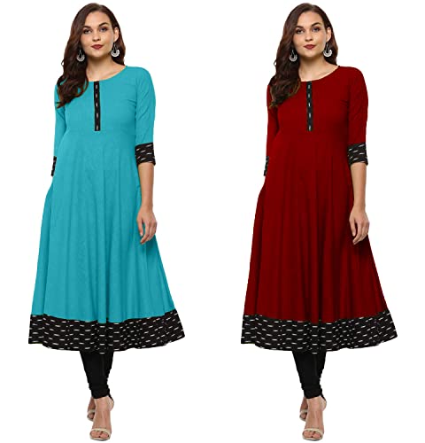 Image of NATEK Plain Cotton Regular Wear Anarkali Kurtis Dresses for Ladies Girls - Combo Pack of 2