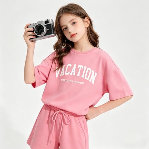Image of Size 6-12 Years Girl's Tracksuit Sets 2 Piece Outfits Letter Print Vacation Tee Top and Drawstring Waist Shorts