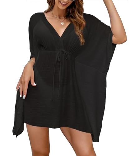 Vossmi Sommerkleid Damen Leinenkleider Strandkleid Tunika Sommer Strand Kleider Swimsuit Beach Cover Up Dress Sommer Outfits Tops Schwarz