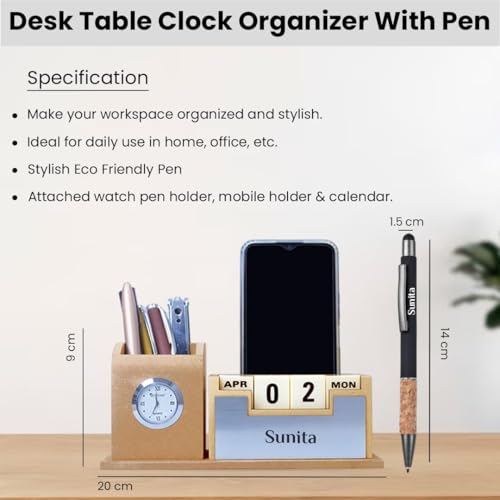 Image of Giftana 2 in 1 Personalized Desk Table Organizer with Pen Gift Set for Doctors, Customized Pen Stand Table Clock & Calendar, Customised New Year Corporate Gift Set for Employee (Beige,Silver)