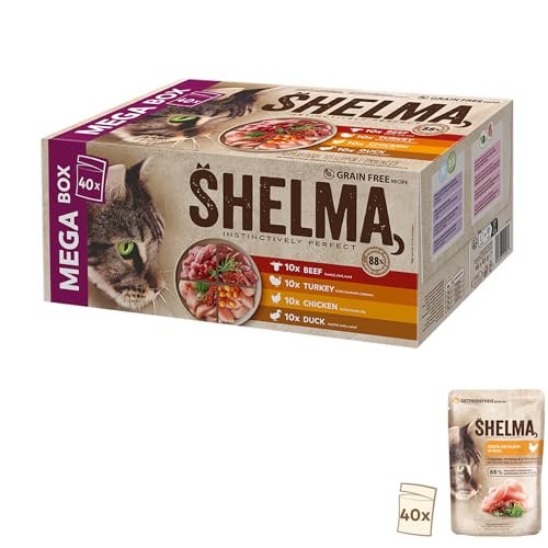 Shelma Pienso húmedo para Gatos Carne Megapack con variedades de Vacuno, Pavo, Pollo y Pato, pienso Completo sin Cereales con Alto Contenido de Carne, 40 x 85 g (3,4 kg)