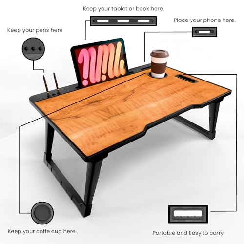 Image of Foldable Wooden Mini Laptop Table for Bed, Study Table with Drawer, Tablet /Mobile Holder for Kids & Adults (COTTED Wood)