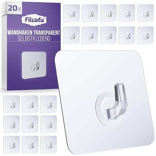 Filzada® 20x Klebehaken Extra Stark - bis 10kg - Haken Selbstklebend 70x70 mm - Transparente Haken - Klebehaken Transparent für Bad, Küche und mehr - Wandhaken Selbstklebend - Aufhänger