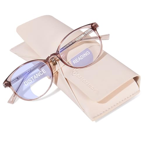 OPTOFENDY Bifocal Reading Glasses for Women, TR90 Round Clear Top Blue Light Computer Readers with Spring Hinge, Light Brown 2.5