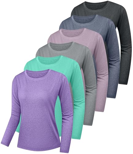 Kinglaman 6 Pack Women's Quick Dry Fit Long Sleeve Shirts, UPF 50+ Rash Guard Swim Fishing SPF UV Sun Protection Shirts 1 Black 1 Gray 1 Blue 1 Purple 1 Dark Pink 1 Green Medium