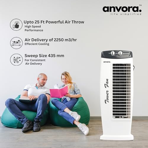 Image of ANVORA Breeze Max Tower Fan | High air throw of 2250 m3 /hr | TOP safety and 3 Speed - 2 Way Air Swing | 1 year warranty | Grey White