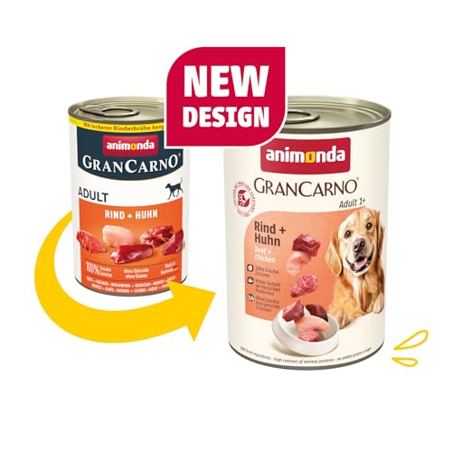 animonda GranCarno Hunde Nassfutter mit Rind + Huhn (6 x 400 g), getreidefreies Hundenassfutter ohne Zucker, für ausgewachsene Hunde, mit frischen fleischigen Zutaten