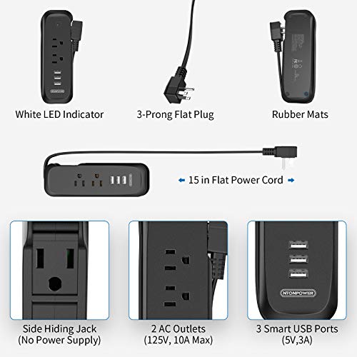 Travel Power Strip With Usb - Ntonpower 2 Outlets 3 Usb Portable Desktop Charging Station, 15 Inches Wrapped Short Extension Cord For Hotels, Cruise, Nightstand, Airports, Conference Room - Black #TOP5