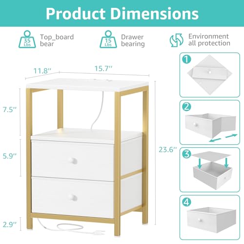 Image of BOLUO Nightstand with Charging Station, LED Night Stand with 2 Fabric Drawers, Bedside Table with USB Ports and Outlets, Nightstand for Bedroom Modern