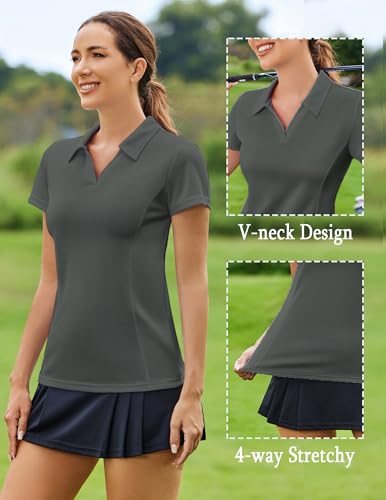 Image of PINSPARK Womens Golf Shirt Short Sleeve Polo V-Neck Quick Dry Tennis Tops | Moisture-wicking Breathable Fabric, Classic Collar, Slim Fit, Ideal for Golf Tennis Pickleball Casual