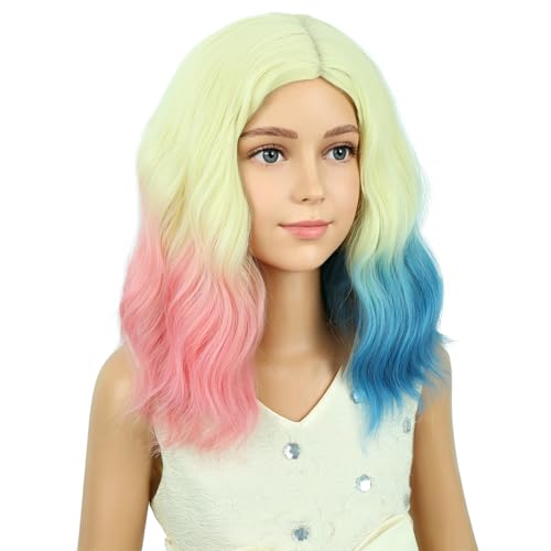 Image of PATTNIUM Blonde Ombre Pink Blue Wig Short Pink Blue Wigs Side Part Shoulder Length Wavy Heat Resistant Synthetic Wig