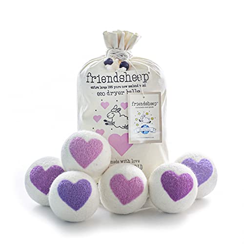 Friendsheep Organic Wool Dryer Balls Pink Purple Hearts 6 Pack XL Premium Reusable Cruelty Free Handmade Fair Trade No Lint Fabric Softener - Lovely Day