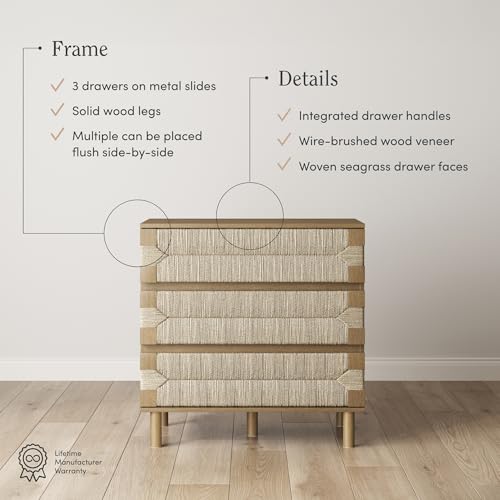 Image of Nathan James Beacon 3 Drawer, Light Brown Boho, Bohemian Woven Seagrass Storage Cabinet for Living Room