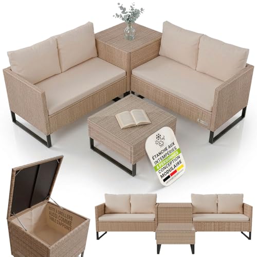 Juskys Coin Lounge extérieur Santorini en polyrotin - Salon de Jardin avec Table Basse et Coffre à Coussins - Meubles de Jardin en Imitation rotin résistant aux...