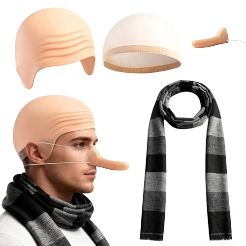 Uvwxba 4Pcs Bald Cap Cosplay Costume Fancy Dress for Mens Halloween Cartoon Accessories World Book Day Movie (Black Grey Striped Scarf Long Nose)
