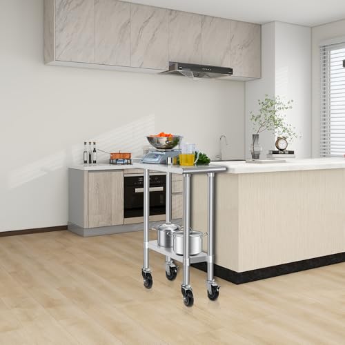Image of HARDURA Stainless Steel Commercial Work Table with Wheels Prep & Work Metal Table 30x12 Inches Heavy Duty NSF with Casters and 2 inch Backsplash