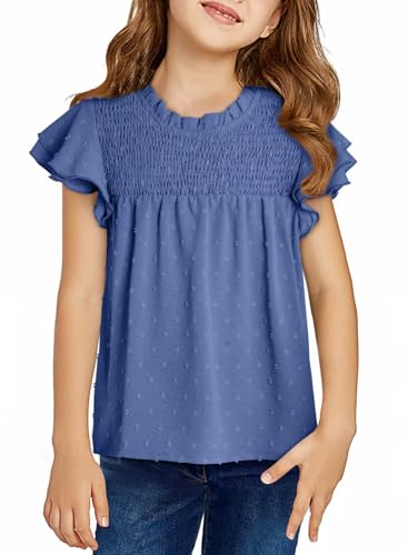 Image of DOKOTOO KIDS Girls Tops Short Sleeve Shirts Summer Blouse Size 6-15 Years | None Elastic Fabric, Ruffle Sleeve, Swiss Polka Dot, Smocked, Crew Neck, Key Hole Back, Dress Spring Outfit, Casual Tee