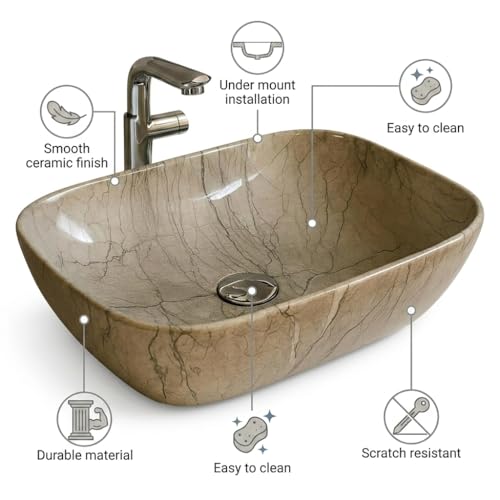 Image of Ceramic Tabletop Wash Basin - Glossy Rectangular Countertop Vessel Sink with Marble Finish for Bathroom & Vanity | Compact 18 x 13 x 5 Inch | Elegant Washbasin