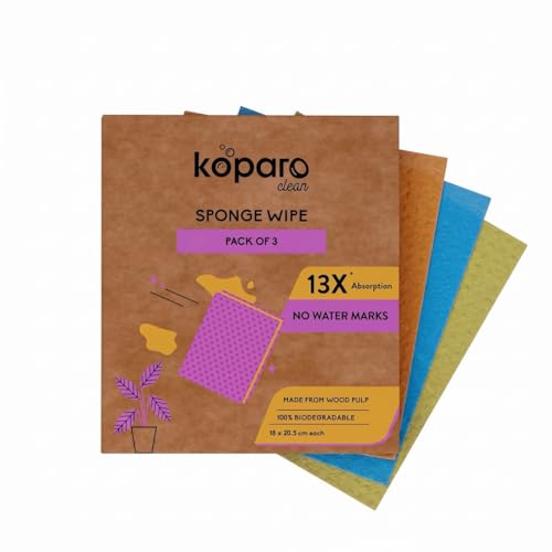 Image of Koparo Natural Cellulose Sponge Wipes for Kitchen and Home Cleaning | Pack of 3 | Reusable & Biodegradable Kitchen Cleaning Wipes | Lint-Free | 13X Absorption | XL Size Wipes