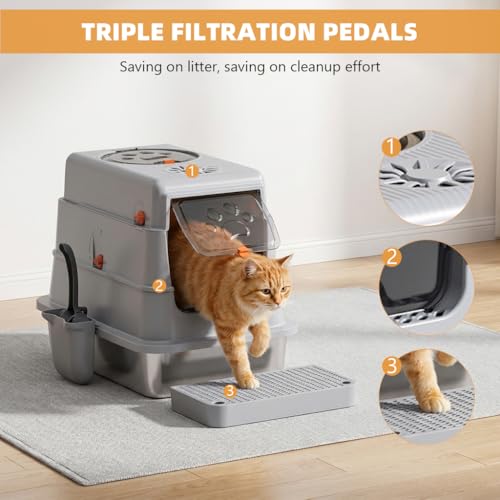 Image of Qpets Cat Litter Box (Covered & Enclosed Design) with Stainless Steel Tray, Front & Top Entry Cat Toilet, Odor Control, Litter Scoop Included, 50 x 35 x 38 cm
