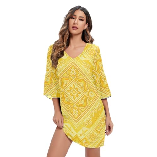 Robe en mousseline de soie femme col V vêtement été motif aztèque chic