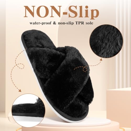 Image of 12 Pairs Women's Fuzzy Slippers Cross Band Open Toe Bridesmaid Fluffy Comfy House Slippers for Indoor Outdoor Wedding