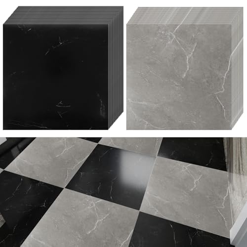 CYEER 40 Piezas/3,6m² Revestimiento de Suelo Autoadhesivo PVC 30x30CM, Carrelaje Autoadhesivo con Efecto Marmol, Vinyl Autoadhesivo para Sala, Baño, Mármol Gris Negro