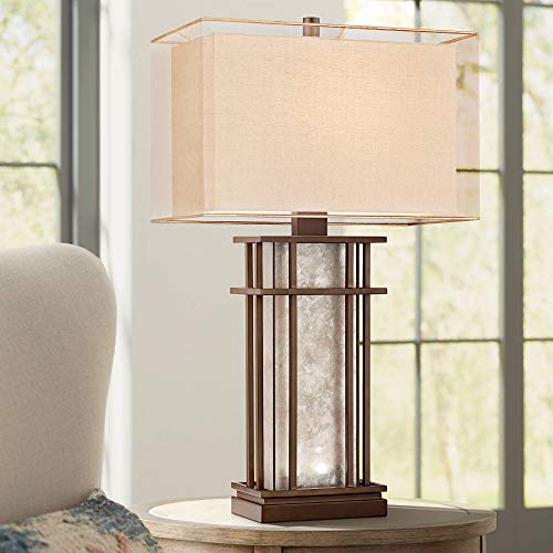 Rhodes Farmhouse Table Lamp with Nightlight LED Rustic Bronze Mica Glass Boxy Neutral