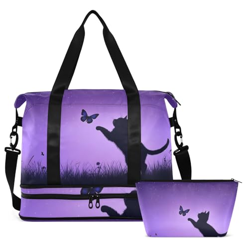 Travel Duffel Gym Sports Luggage Bag Expandable Large Capacity Black Cat Chasing Butterfly Sports Bag for Women and Men2