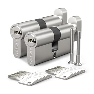 Bwintech 2 Pcs 40T/40mm Euro Cylindre en laiton, 80mm Thumbturn/Key Barrel Lock avec 10 clés horizontales en laiton,anti-crochetage, anti-perçage, anti-claquement, anti-choc, nickel satiné