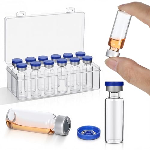 Gsbnjuy 12 Pcs Glass Empty Vials 5ml Sealed Vials with Self Healing Injection Port and Plastic Aluminum Flip Caps Transparent Glass Vial Liquid Sample Storage Vial with Caps