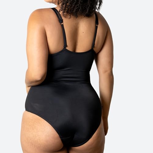 Vista trasera de bikini menstrual para mujer en color negro, mostrando detalles del diseño y ajuste en la parte trasera.