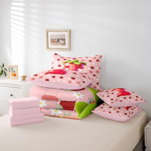 Image of Feelyou Girls Pink Red Strawberry Comforter Set with Sheets 7 Piece Queen Size Initial Letter I Bed in a Bag Kids Princess Strawberry Bedding Set Bedroom Decor Breathable Soft Lightweight Microfiber