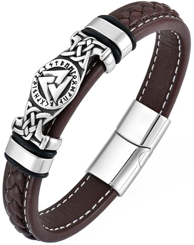 YL Mens Viking Celtic Knot Bracelet 18K White Gold Plated VALKNUT Protection Talisman Odin Triangle Brown Leather Cuff Stainless Steel Handcrafted Jewelry Gifts 8.5