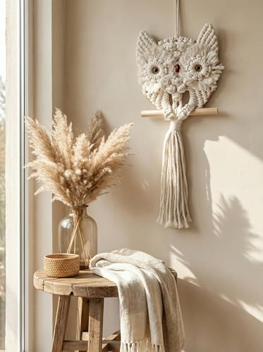 Image of JH Gallery Macrame Owl Wall Decor Hanging, Bohemian Cotton Rope Handmade Owl Tapestry for Bedroom, Living Room and Office Decor, Boho Theme Home Decor Tapestry.