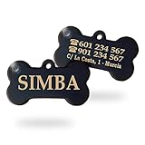 chapas para collares de perros CHAPAS PERSONALIZADAS: se trata de una chapa para perro o gato grabada con la información de tu mascota, siendo un accesorio importante y necesario para la seguridad de tu mascota y fácil retorno a casa en caso de pérdida. Estas placas identificativas tienen forma de hueso para que la personalices con la información que desees. Incluye una arandela grande y otra pequeña para que puedas colgarla en el collar de tu mascota. Color: Negro. Medidas: 40 x 21 mm.