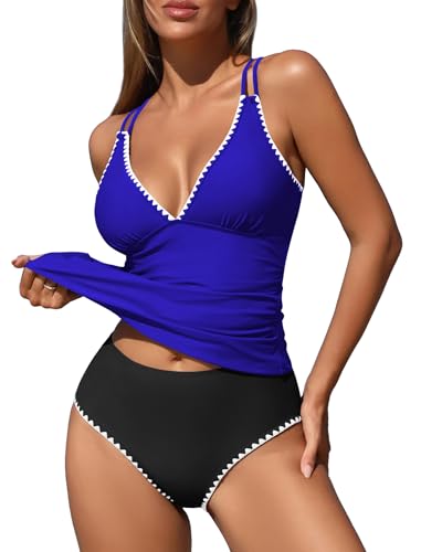 Image of ZAFUL Womens Tankini Swimsuits V Neck Push Up Swim Top Color Block Tummy Control High Waisted Bathing Suits Swim Bottom