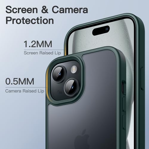 Image of JETech Matte Cover Case for iPhone 15 6.1-Inch, Shockproof Case Military Grade Drop Protection, Frosted Translucent Back Phone Cover, Anti-Fingerprint (Dark Green)