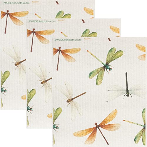 SWEDEdishcloths - Cellulose Sponge Dish Towels - Set of 3 Dragonfly Collage Swedish Dish Cloths