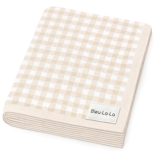 Image of Bleu La La Checkered Baby Blanket Swaddle - 100% Soft Cotton Quilt Swaddling Stroller Blanket for Nursery Bed Shower Baby Gift Registry for Newborns Toddlers Boys & Girls (Plaid - Beige)