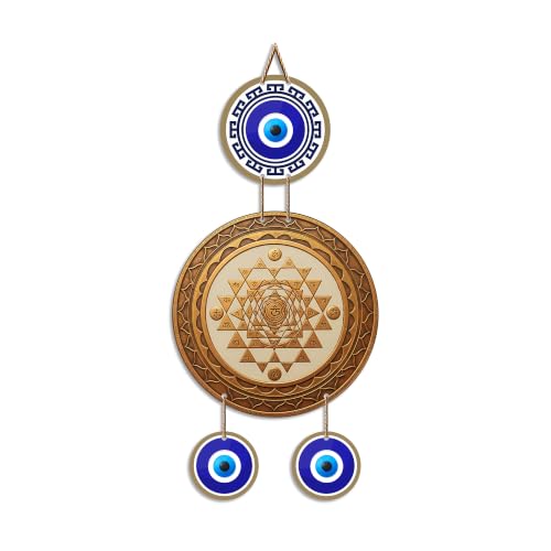 Image of Artvibes Wooden Sri Yantra Evil Eye Wall Hanging Decor for Home and Office | Sacred Vastu Energy Balancing Ornament | Spiritual Wall Accent for Entrance and Gift Giving (WH 85137N)