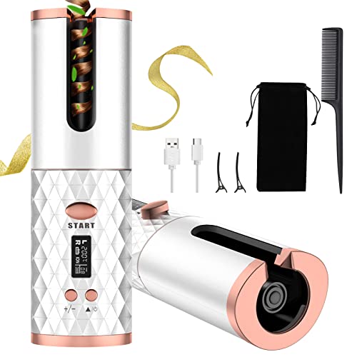 Automatic Curling Iron, Cordless Auto Hair Curler with 6 Temps, 11 Timers & LCD Display, Portable Rechargeable Ceramic Rotating Curling Wand, Wireless Beach Waves Iron Fast Heating for Hair Styling