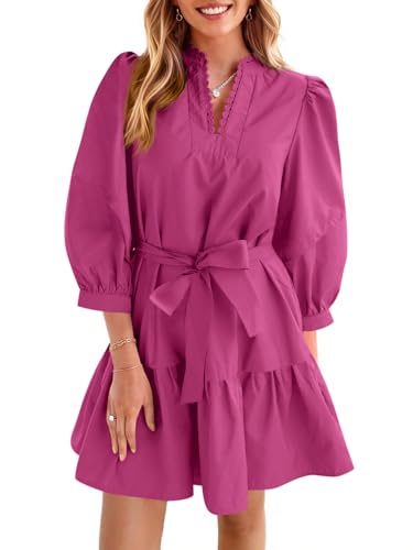Cicy Bell Womens Puff 3/4 Sleeve Mini Dresses Bow Tie Waist V Neck Casual Trendy Ruffle Tiered Short Dresses