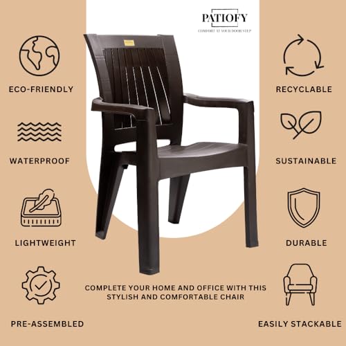 Image of Patiofy Single Plastic Chair for Home & Outdoor Use | Heavy Duty Comfortable Chair with Strong Legs | Stackable, Easy to Clean | Suitable for Living Room, Balcony (Pack of 1-Rolex | Brown)
