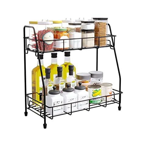 Yahoms Spice Racks Free Standing 2-Tier Kitchen Storage & Organisation Metal Shelves for Cupboard Countertop Condiment Holder Seasoning Spice Organiser Cover