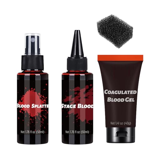 CHASPA Halloween Kunstblut Schminke Set (3Pcs) - Fake blood Kit für Vampir, Zombie Kostüm Makeup -Mit Blut Spray , Wunden Gel - Schminke für Erwachsene, Theaterschminke, Horror Party Zubehör